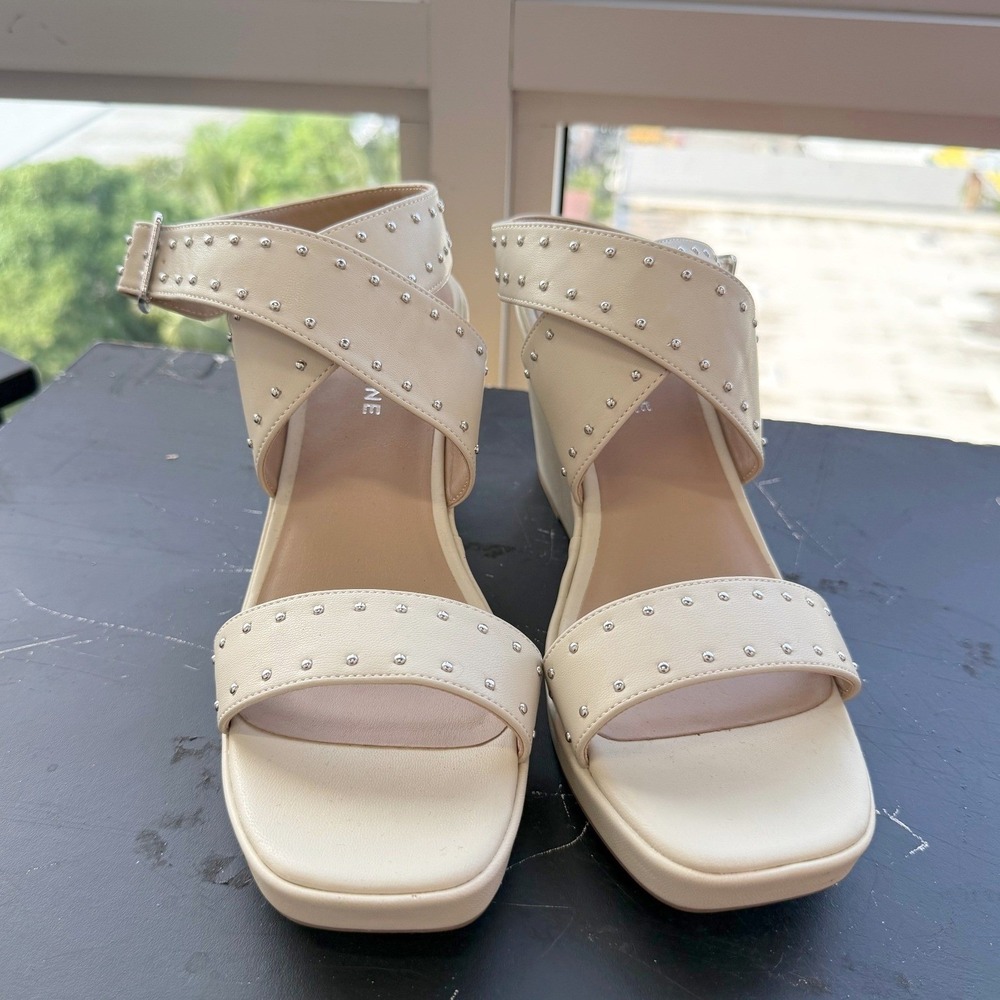 Sun + Stone Cream Wedge Sandal Womens 9M Studded Ankle Strap Square Toe